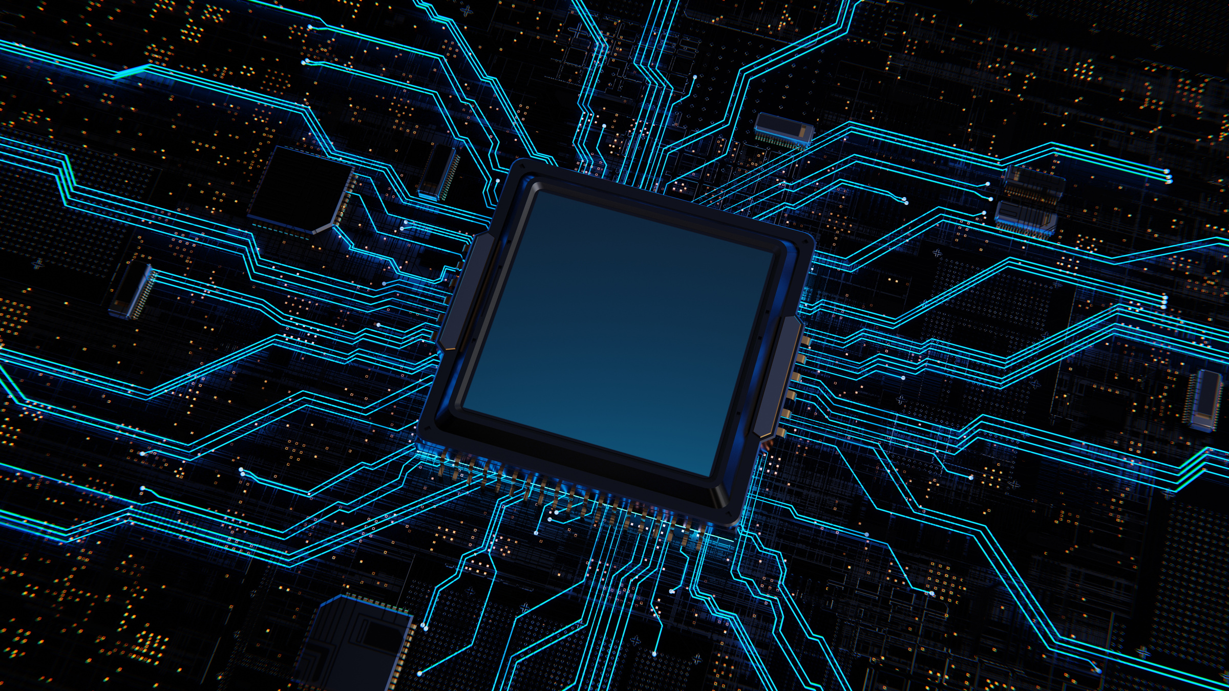 Computer chip processor on motherboard glows blue. Artificial intelligence Graphics chip, mining, digital technologies, network security. 3d render